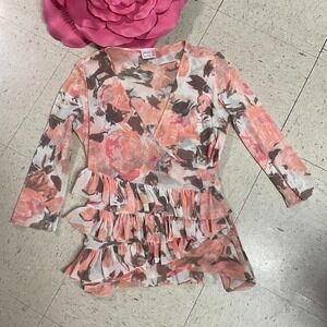 JOHNNY HEAVEN Sz L Y2K Style Mesh Faux‎ Wrap Tiered Ruffled Blouse Stretch Sheer